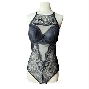 Bustizi Black Lace Mesh Sheer Body Suit Goth 2X Boudoir Pinup Lingerie